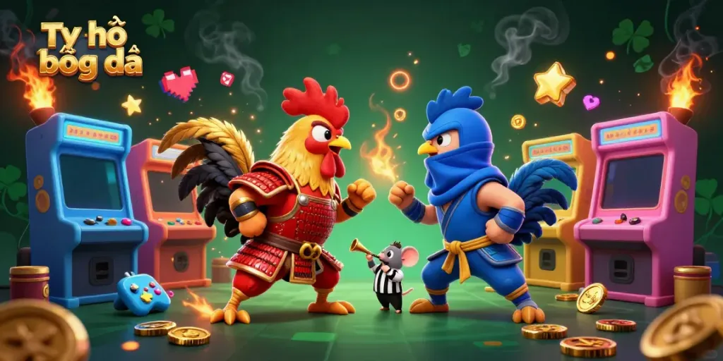 Engage in Tỷ lệ bóng đá dynamics with thrilling roosters, colorful gaming elements, and golden accents.