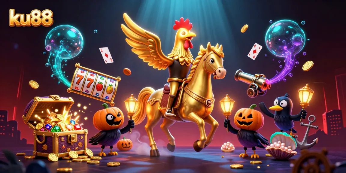 ku88 casino scene showcasing a golden rooster headless horseman with vibrant slot reels and treasure