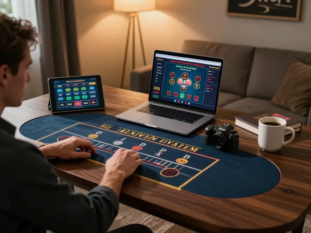 Person playing F168 live dealer game online, showcasing strategic gameplay and modern gambling setup.