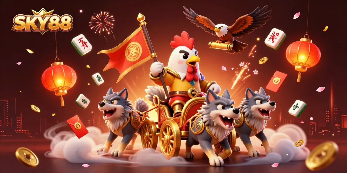 SKY88 offers thrilling gambling adventures with a cartoon rooster warlord leading the charge amidst festive symbols.