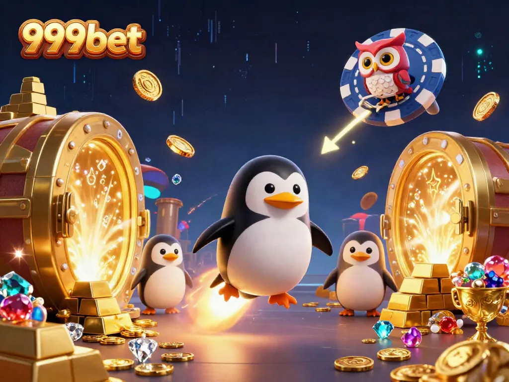 Experience exciting wins at 999bet with a vibrant 3D casino-themed illustration showcasing golden treasures and a playful penguin.