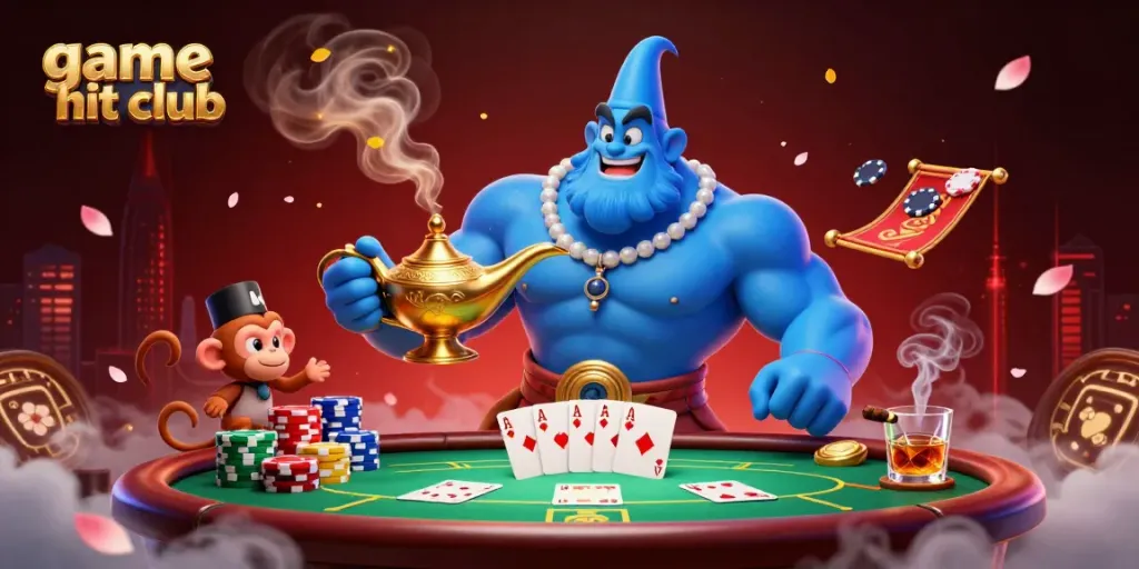 Experience the excitement of game hit club with a dynamic casino illustration featuring a genie, poker elements, and magic.