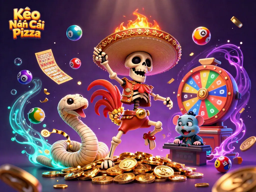 Kèo Nhà Cái Pizza features vibrant characters and dynamic gambling elements, illustrating a lively online casino scene.