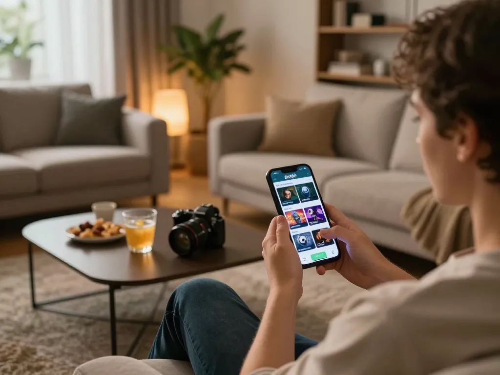 Engaged gamer using the Bet88com app on smartphone in a cozy living room
