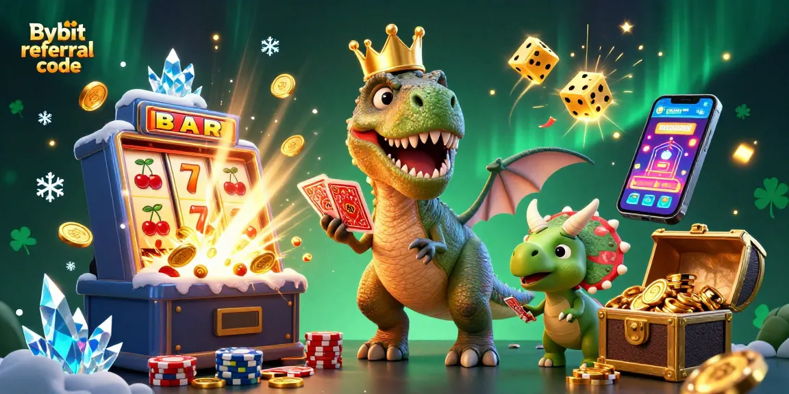 Unlock rewards with Bybit referral code as a colorful 3D T-Rex and friends explore a vibrant casino