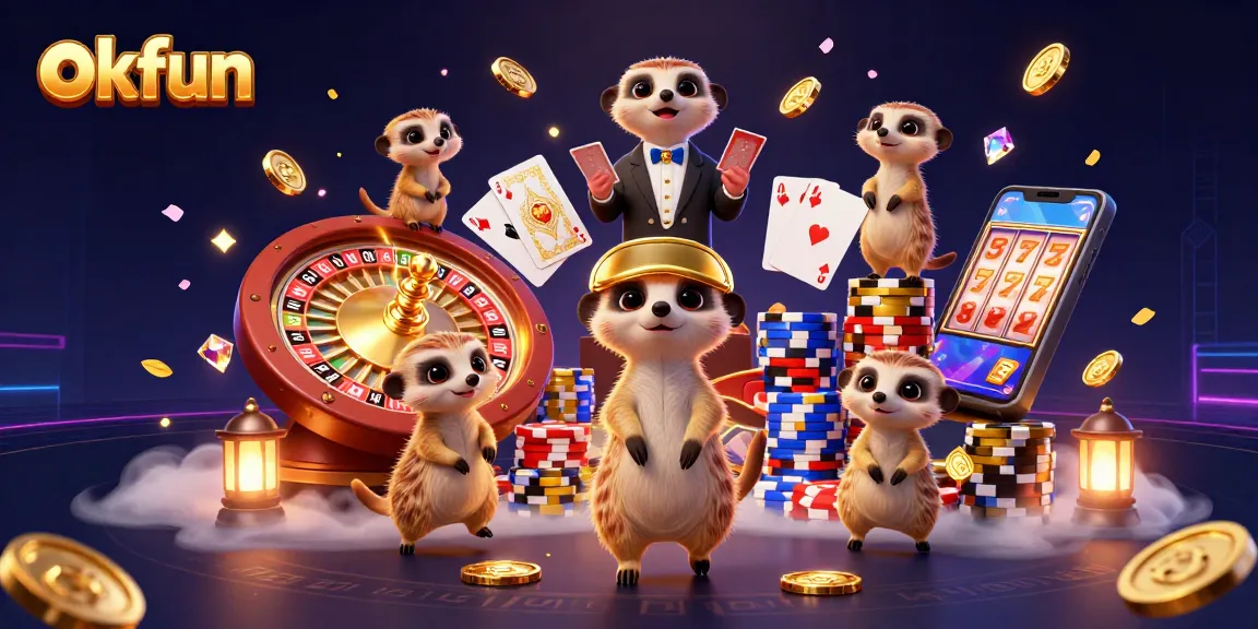 okfun offers an engaging casino experience with meerkats managing chips and games in a vibrant 3D scene.