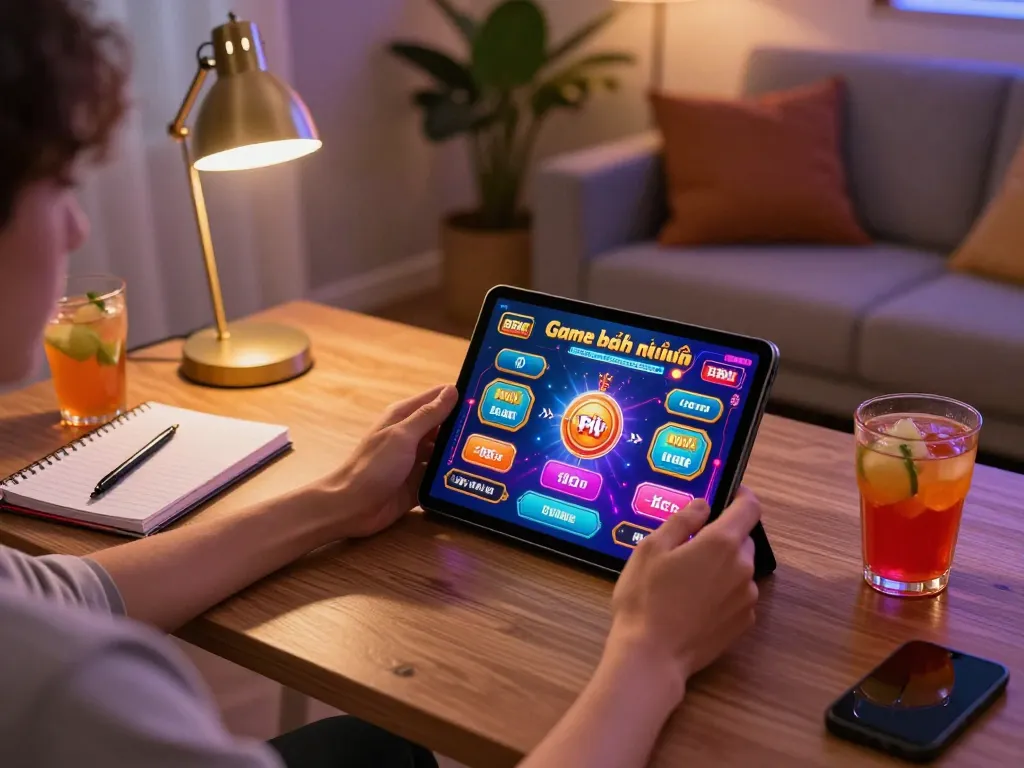 Engaging in Game bài nổ hũ gameplay on a tablet at home, with dynamic casino interface and cozy atmosphere in background.