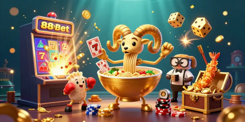 Engage with 88vbet's vibrant casino scene featuring a golden ramen bowl dealer and cheering tempura shrimp.