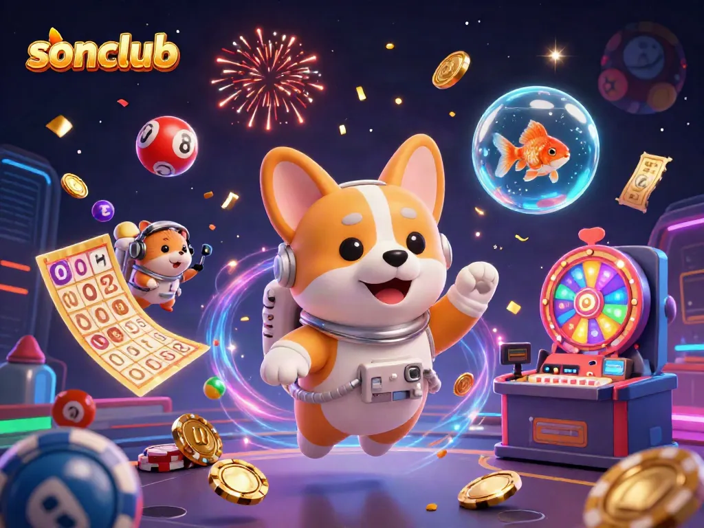 Experience thrilling gameplay at sonclub with a dynamic casino scene featuring playful characters and exciting elements.