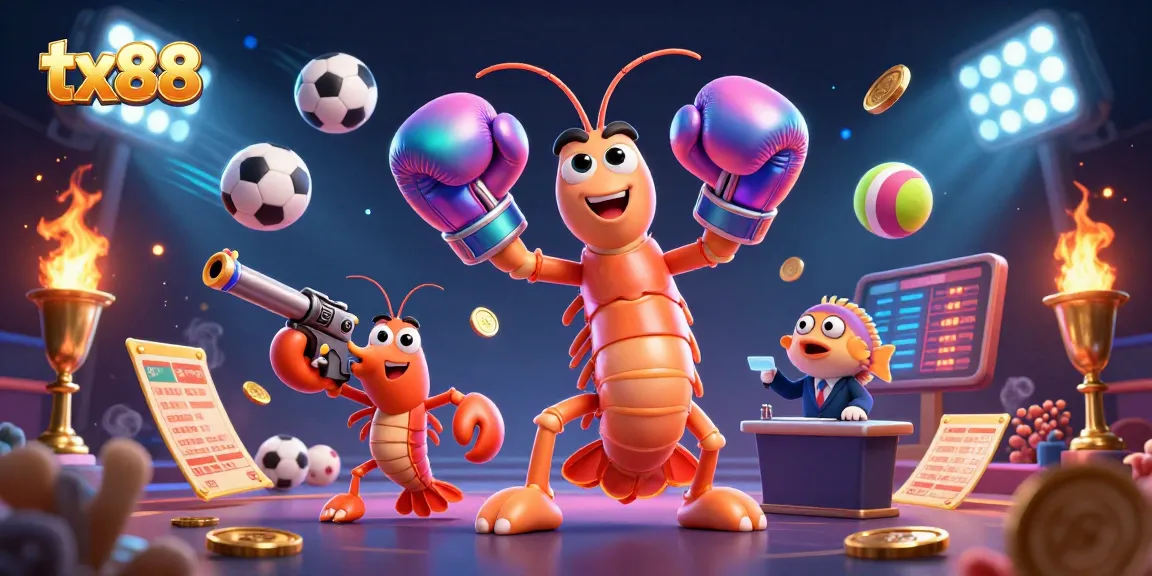 Engage in dynamic gambling action with tx88, featuring vibrant 3D characters, sports elements, and energetic visuals.
