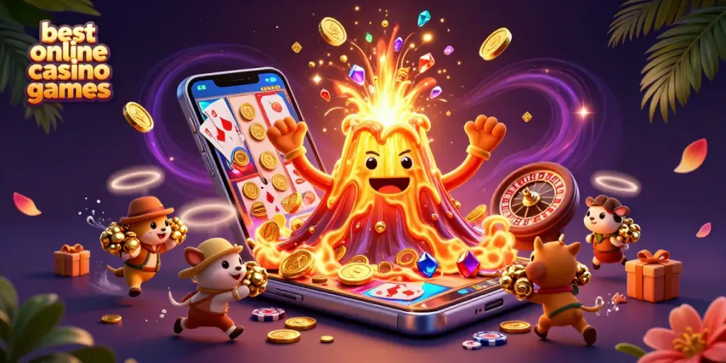 Experience the excitement of best online casino games with a vibrant 3D illustration of a volcano erupting with treasure.