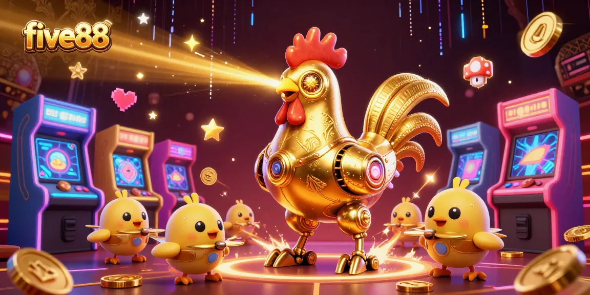 Engage with five88's vibrant casino scene showcasing a golden rooster robot and arcade games.