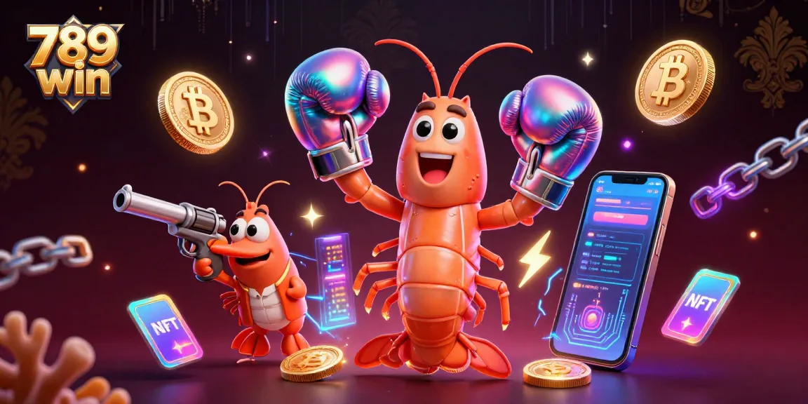 Join the exciting action at 789 win with vibrant 3D illustrations of gambling characters and cryptocurrency elements.