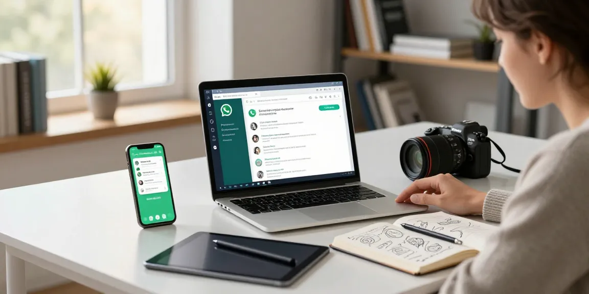 Dynamic workspace illustrating WhatsApp電腦版 usage with technology tools and bright atmosphere.