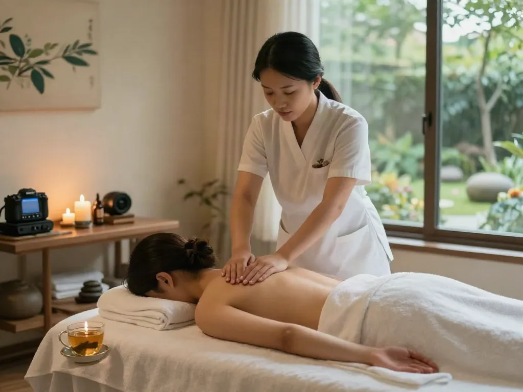 마포출장안마 massage therapy session in a tranquil spa setting with soothing ambiance.
