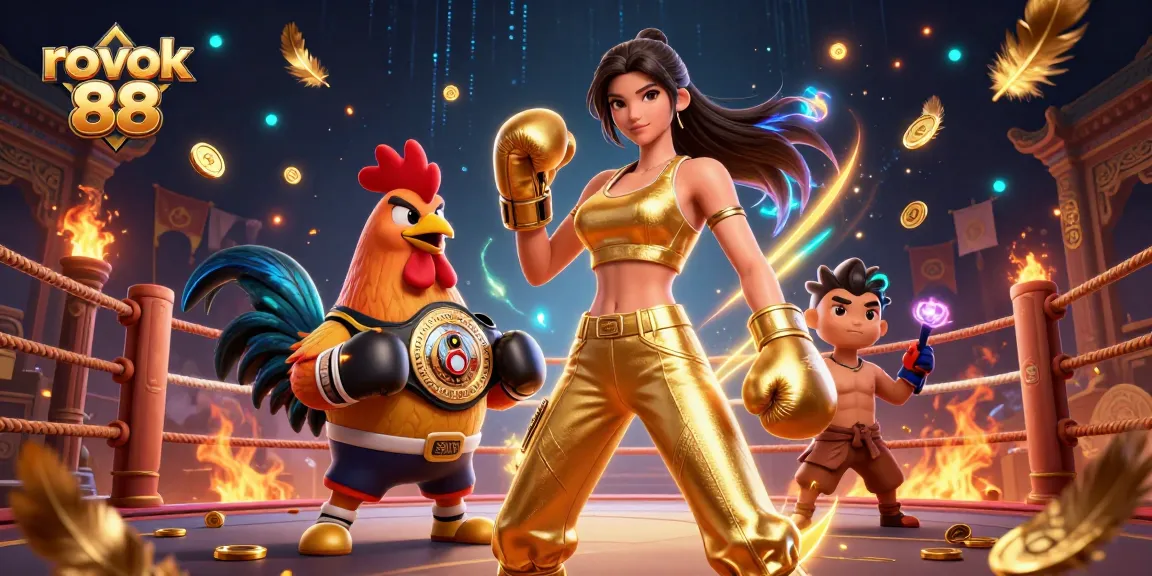 Engage with rokok 88's dynamic casino scene featuring a powerful woman and championship rooster immersed in a gambling arena.