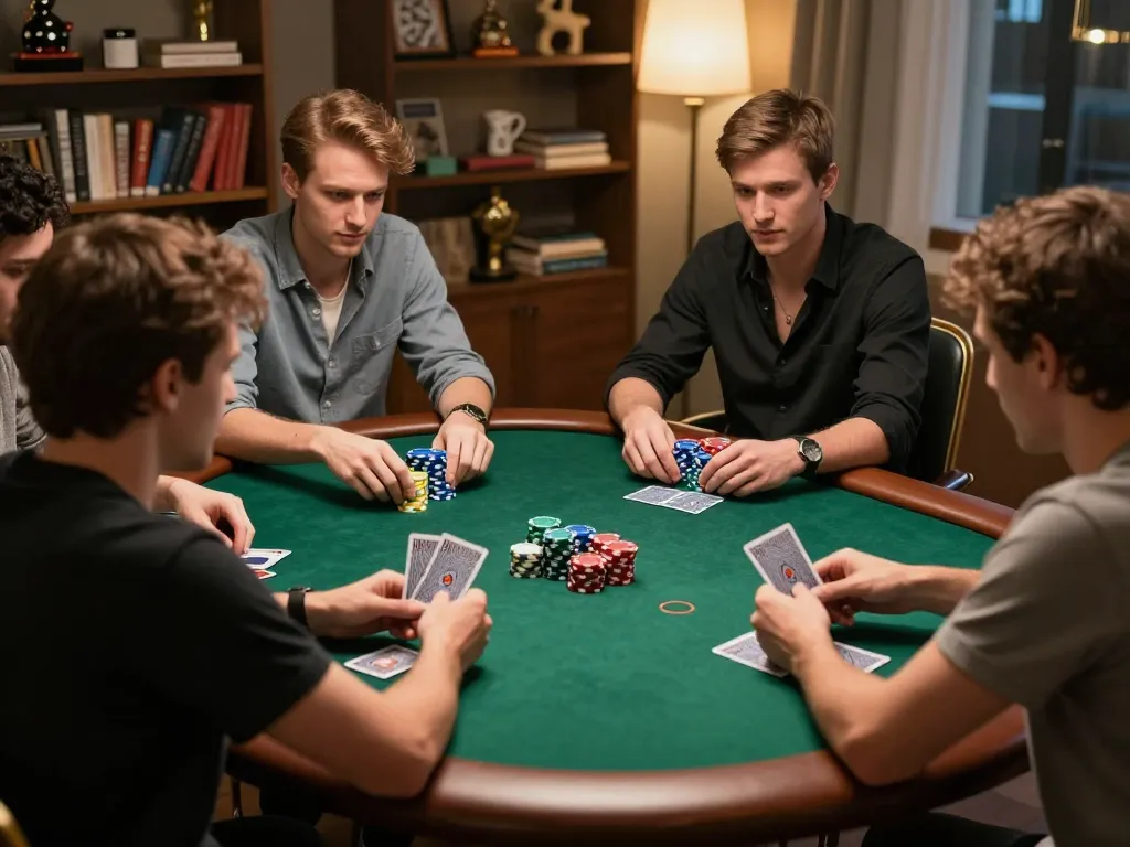 High-stakes poker night at home showcasing players engaged in strategy with alo8 cards and chips on the table.