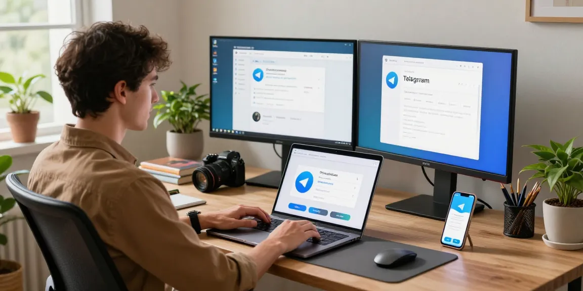 Downloading Telegram下载 on a sleek laptop in a modern workspace, showcasing tech-savvy lifestyle and vibrant atmosphere.