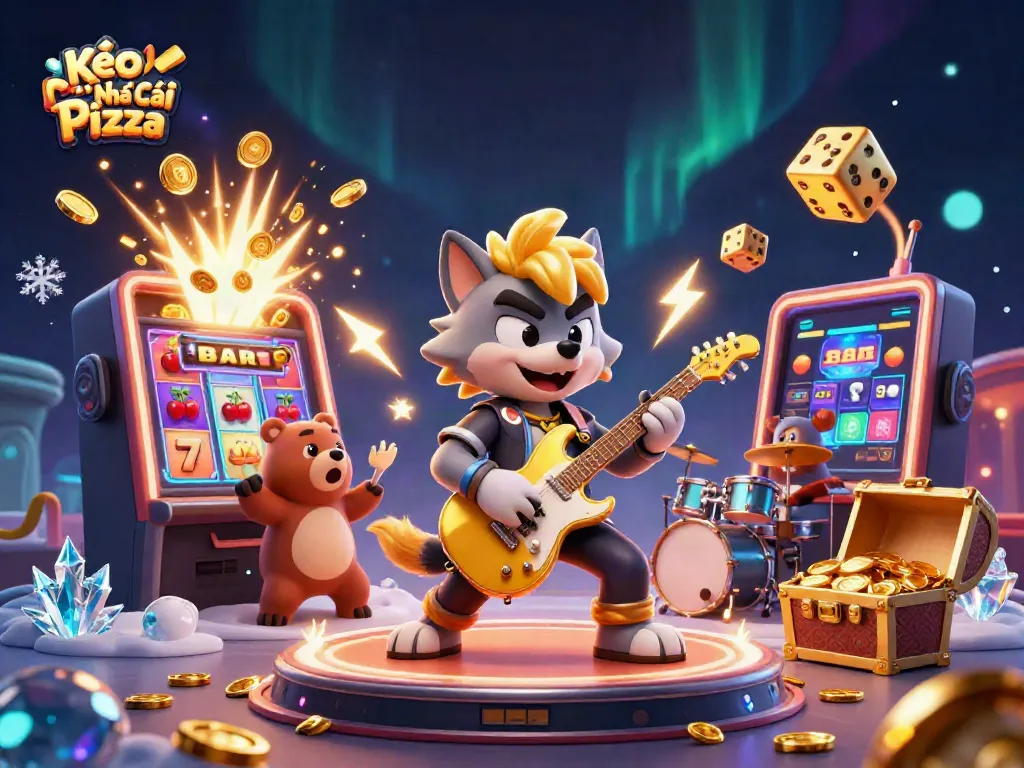 Experience the thrill of Kèo Nhà Cái Pizza with a cartoon rock star wolf and drummer bear on stage.