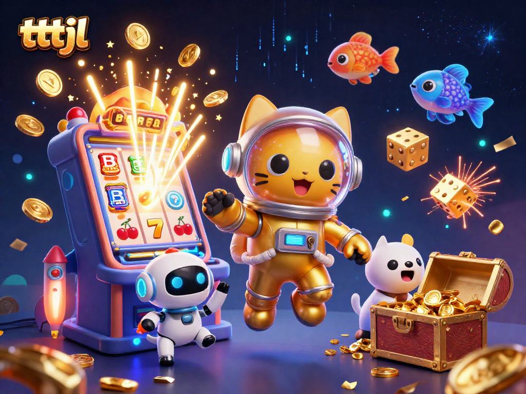 Experience thrilling jackpots with tttjl, as a cartoon astronaut cat spins slot machine magic!