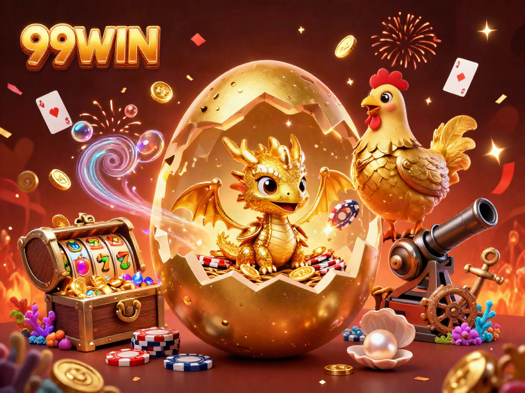 Experience thrilling wins with 99WIN's colossal golden dragon amidst vibrant casino elements.