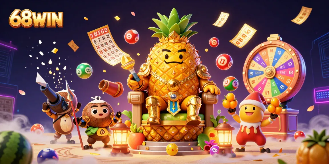 Experience the vibrant energy of 68WIN with cartoon characters and colorful casino elements.