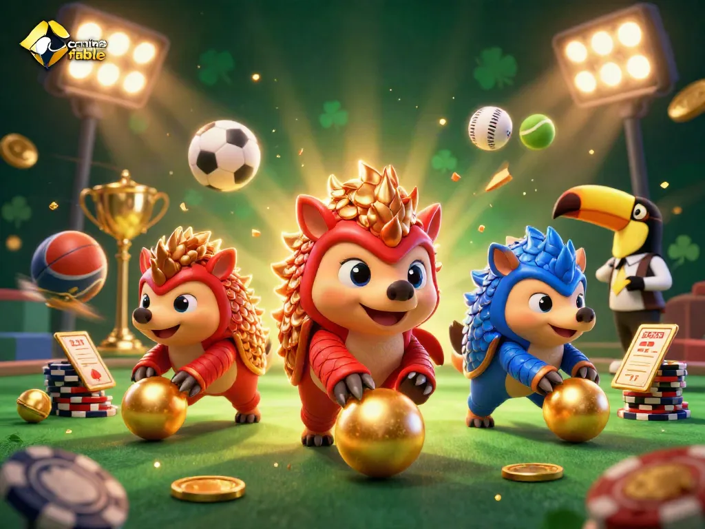 Juega y gana en un casino online fiable, con pangolines y fichas de póker en un mundo 3D vibrante.