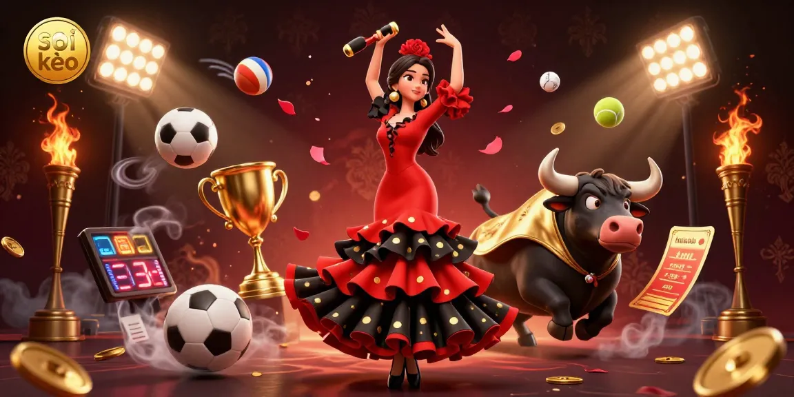 Soi kèo sports betting illustrated with a dynamic 3D scene of a flamenco dancer and a fighting bull, showcasing exciting gambling elements.