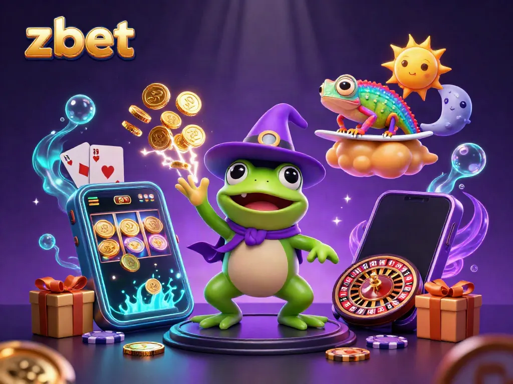 Experience thrilling gameplay at zbet with a whimsical 3D illustration of a wizard frog and chameleon amidst golden coins and casino elements.