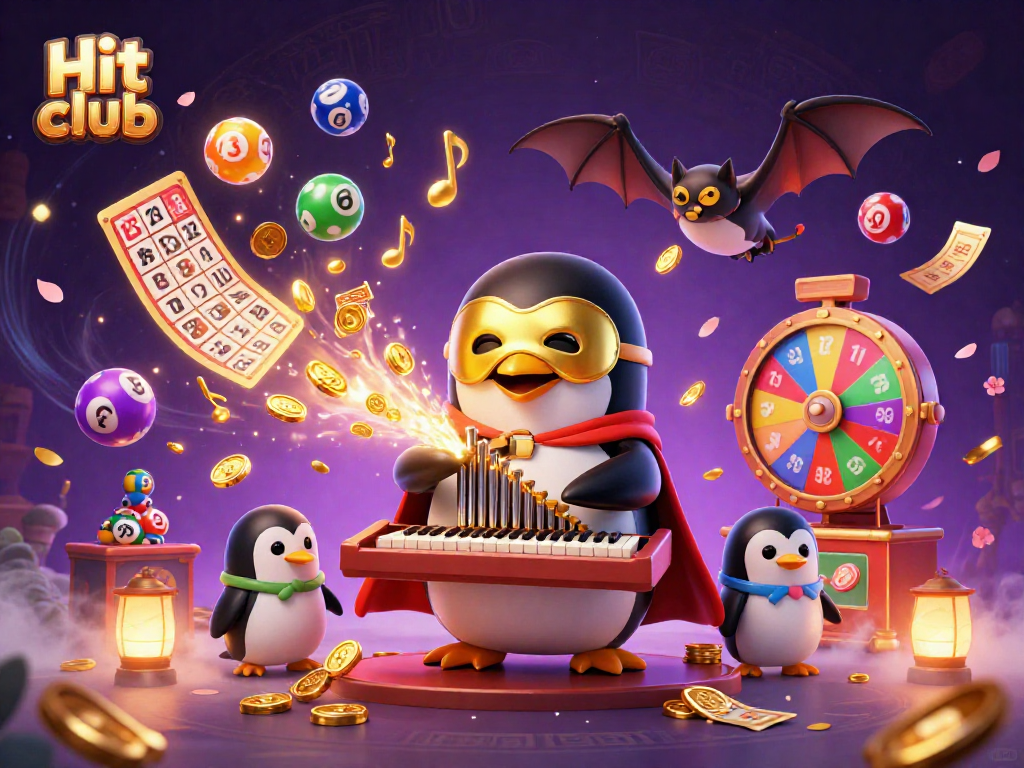 Hit club showcases a cartoon penguin playing an organ surrounded by dynamic lottery elements.