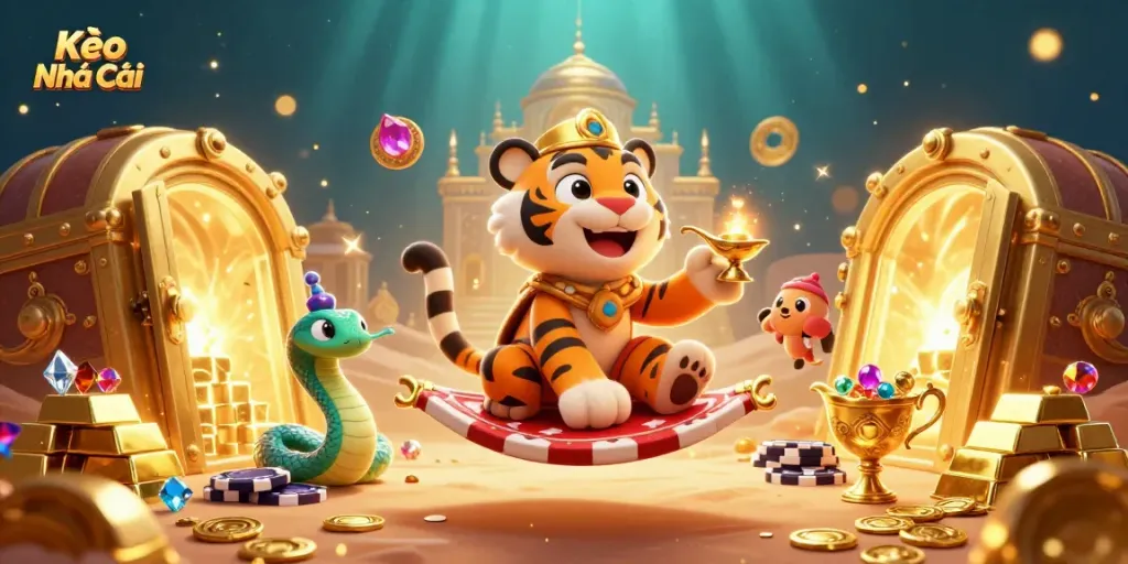 Kèo Nhà Cái enhances the excitement of betting with a 3D cartoon illustration showcasing a tiger sultan on a flying carpet.