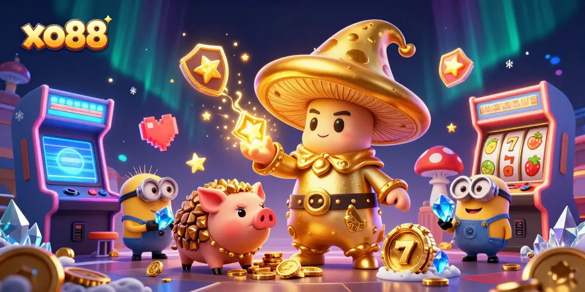 Experience the magic of winning with xo88, showcasing a golden mushroom wizard and gaming elements.