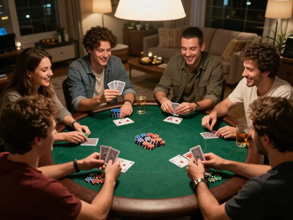 rokok88 login during exciting home poker night with friends, cards and chips on table