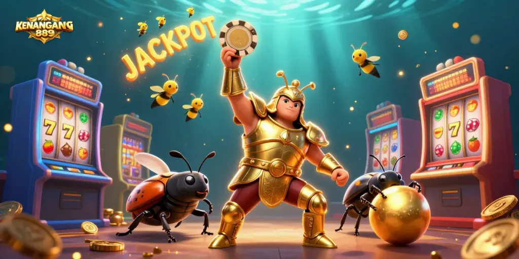 Play slots with KENANGAN889 in an immersive 3D casino scene showcasing a winning beetle hero.
