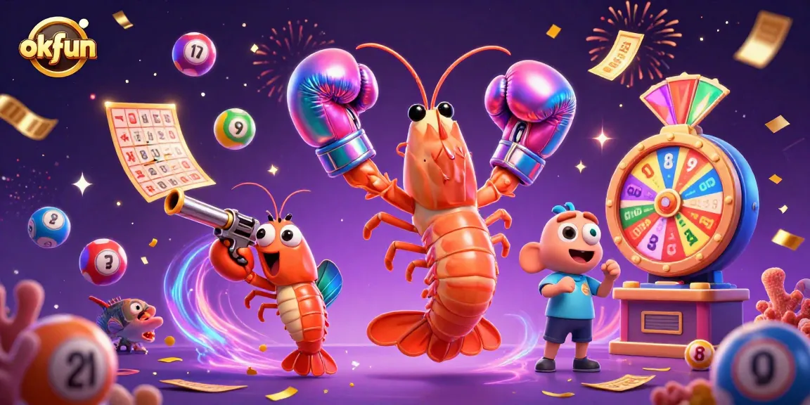 Experience the excitement of okfun with a vibrant 3D casino scene filled with colorful lottery elements.