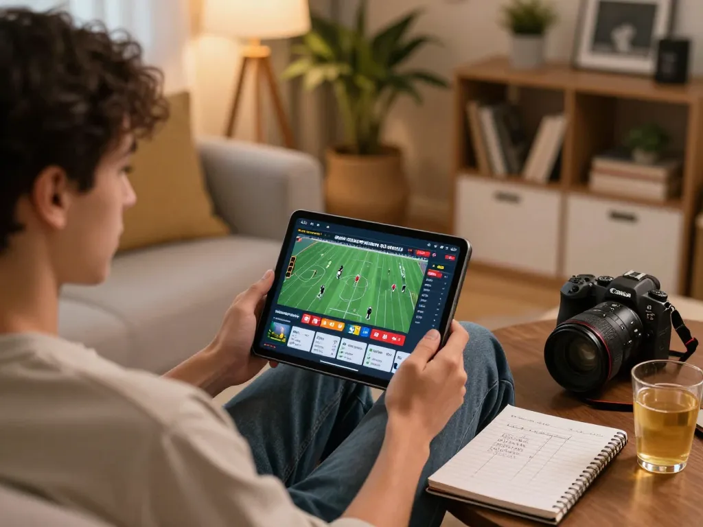 Player engaging with abc8 sportsbook app on tablet in cozy home gaming setup