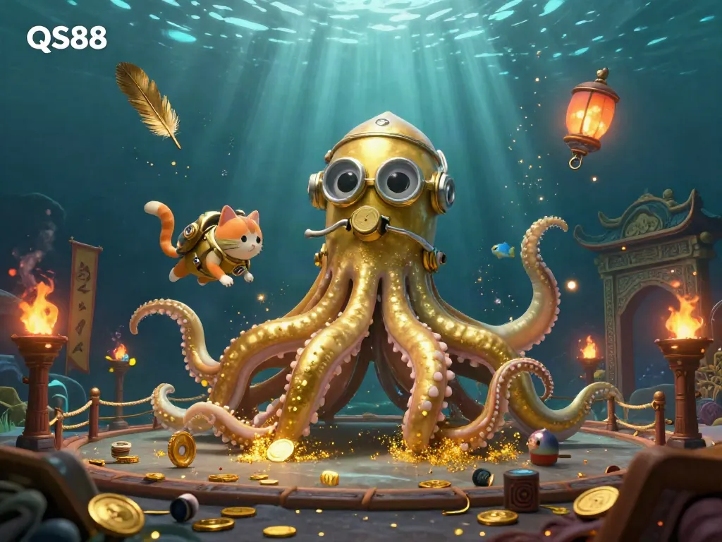 Experience thrilling gaming with QS88’s vibrant underwater scene featuring a kraken and diving cat.