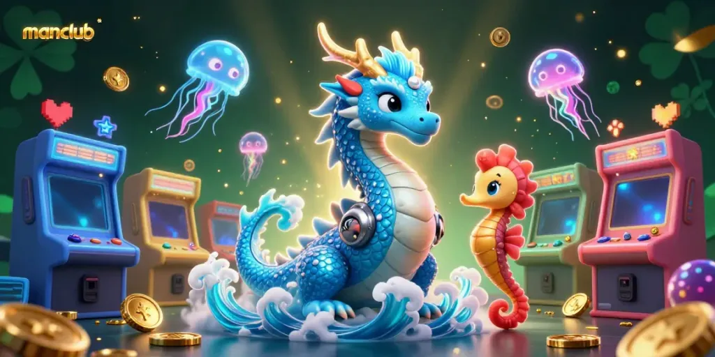 Experience thrilling gameplay at manclub with a vibrant casino-themed scene featuring a dragon and seahorse knight.