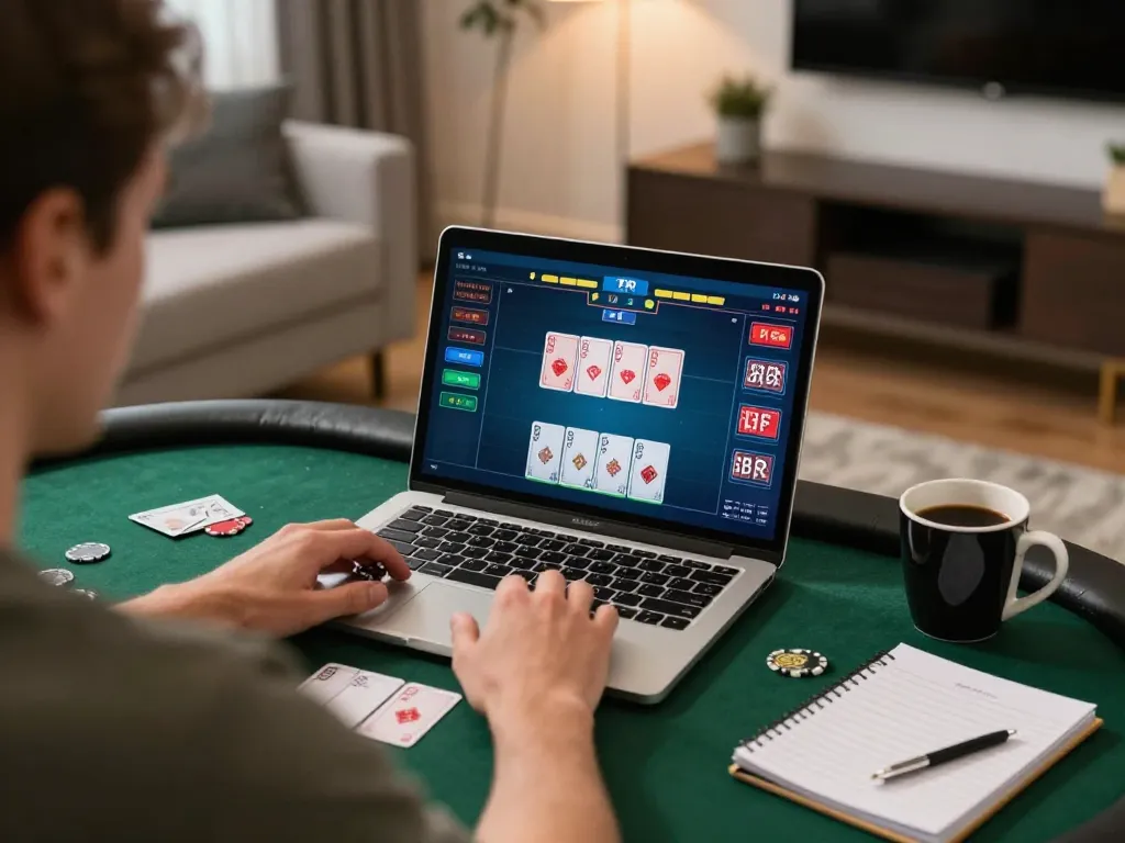 Experience gg88 poker excitement from home with a laptop showing live gameplay