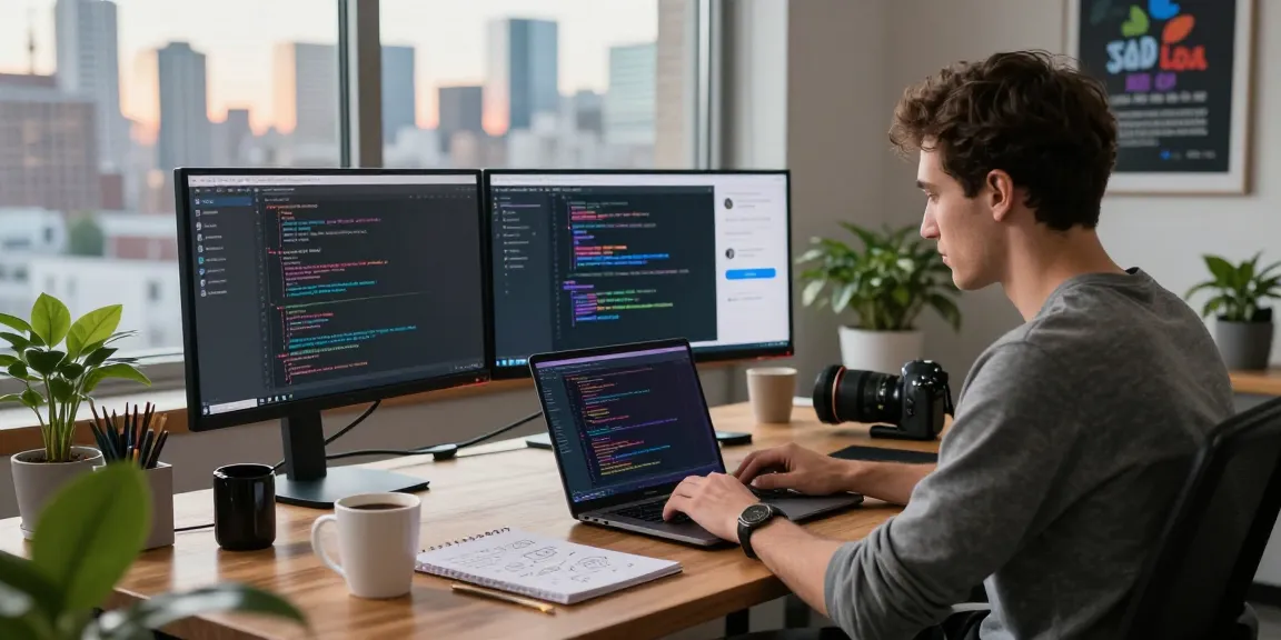 Developer coding on Telegram Download interface with dual monitors in a modern workspace