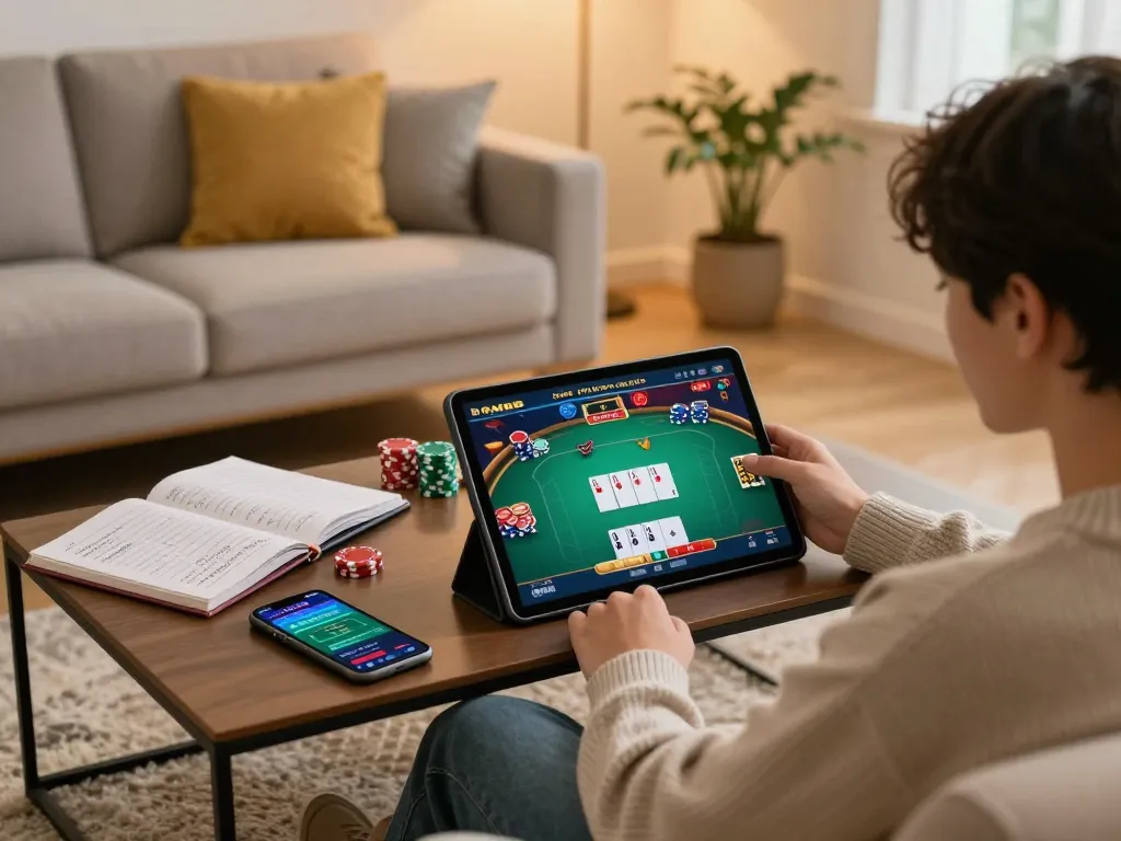 Player engaging in an online poker game on MM88, showcasing tablet display with cards and strategic notes.