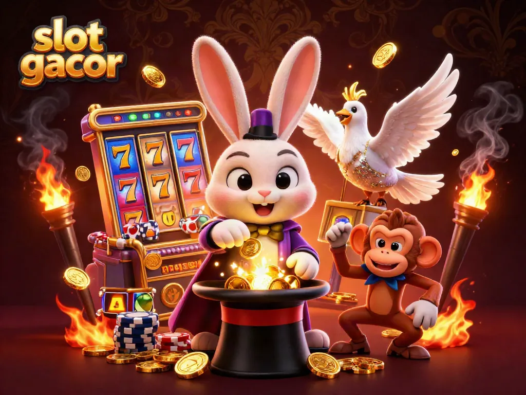 Experience slot gacor excitement with a charming magician rabbit, shining coins, and playful casino elements.