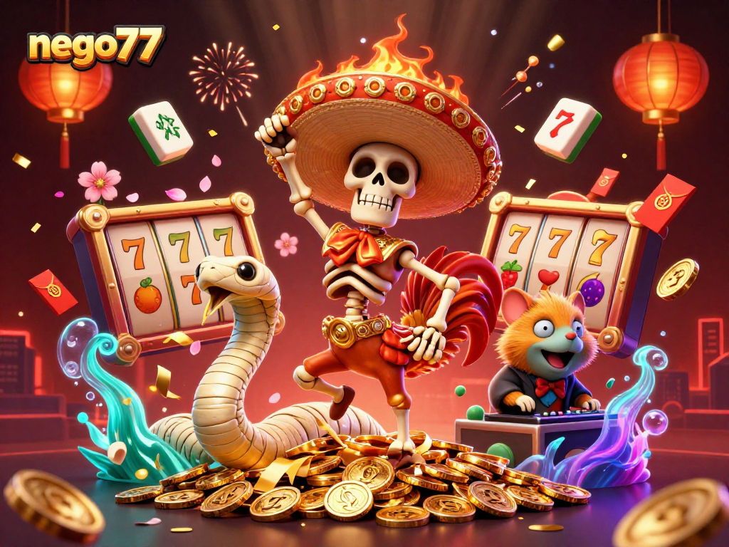 Experience the thrills of nego77 with a vibrant 3D illustration showcasing a festive mariachi rooster and casino elements.