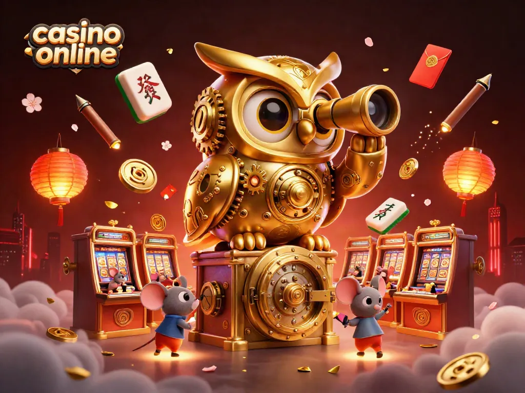 Disfruta de juegos en un casino online con la ilustración de un búho de oro vigilante y ratones animados en un entorno vibrante.