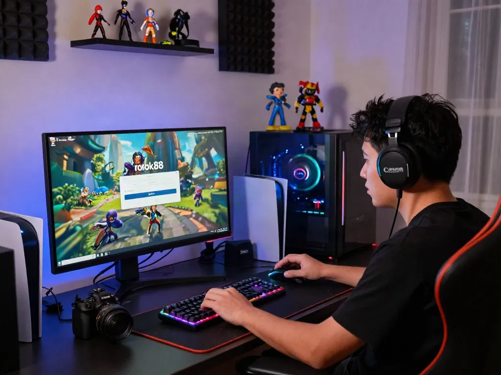 Gamer engaging with rokok88 login on a high-tech gaming setup with vibrant accessories.