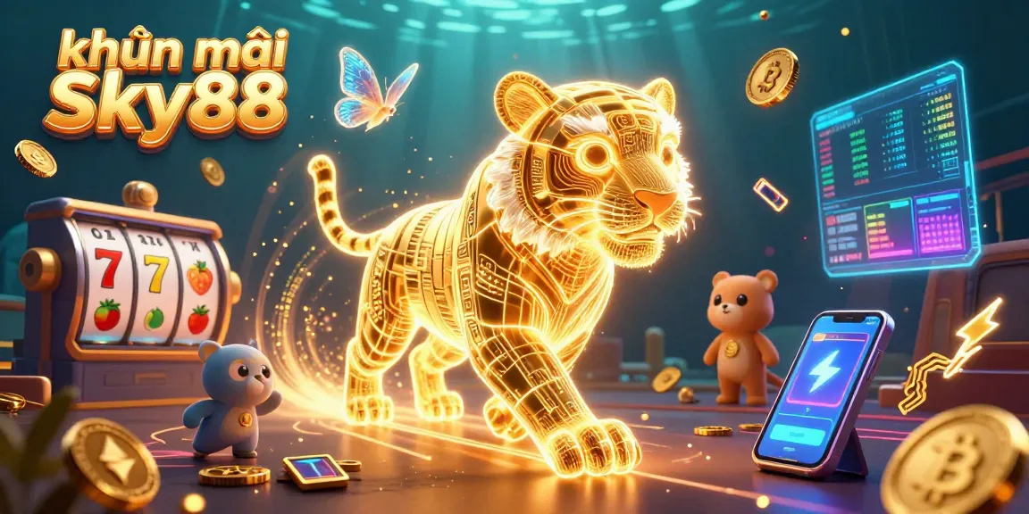 Experience the vibrant khuyến mãi Sky88 with a digital tiger and captivating gambling elements!