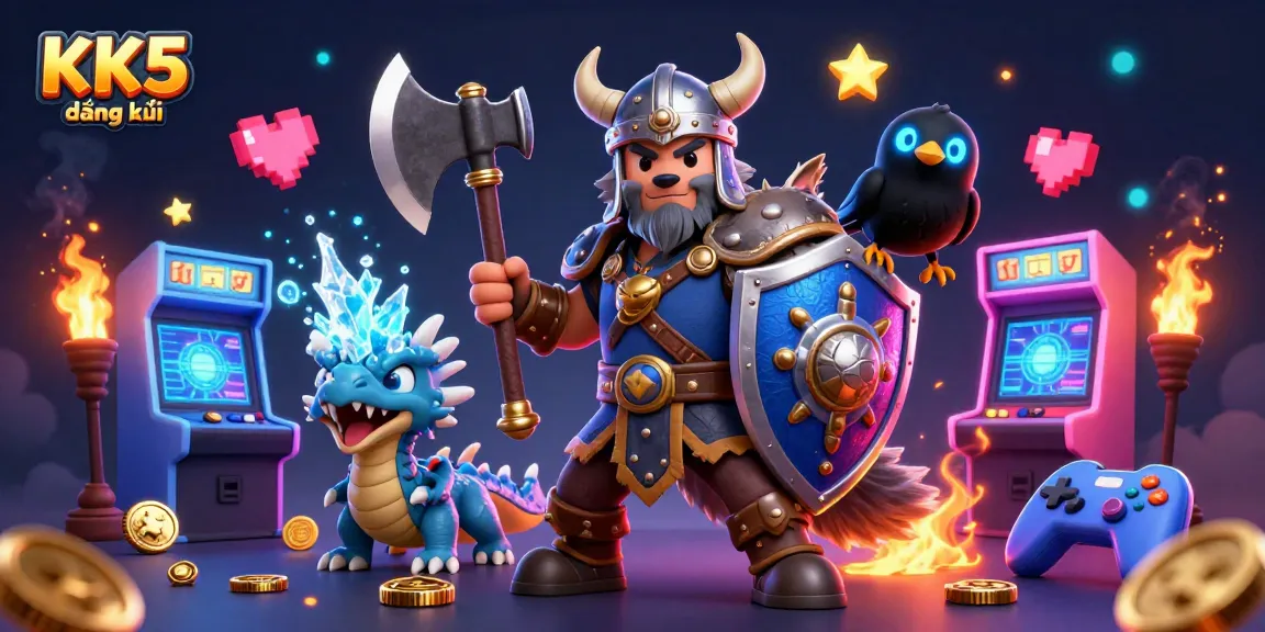 Experience the excitement of KK5 đăng ký with a Viking warrior, fierce dragon, and arcade elements.