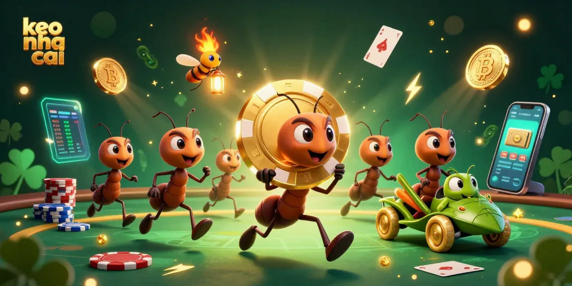 Join the action with keo nha cai as ants perform a heist for a golden poker chip amidst glowing crypto coins.
