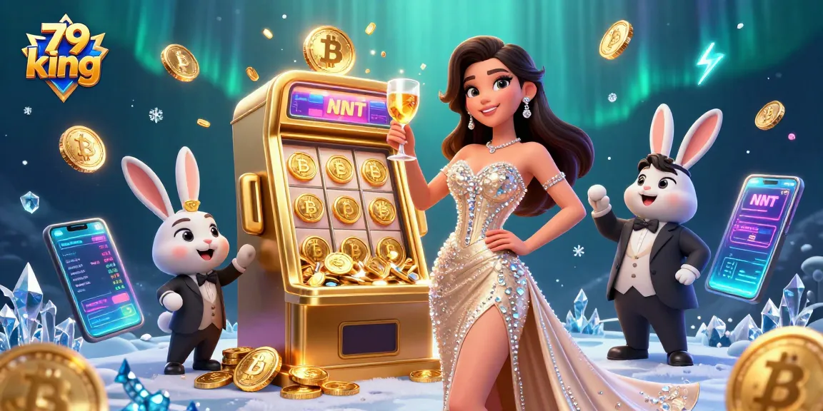 Experience winning moments at 79 king with vibrant slot machines and crypto-themed decorations.
