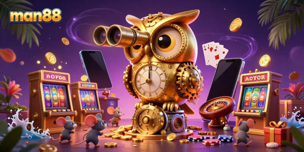 Experience the thrill of gaming at man88, where a giant golden owl oversees vibrant casino activities.